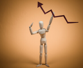 Wooden puppet holding upward growth arrow isolated on yellow background. Business concept