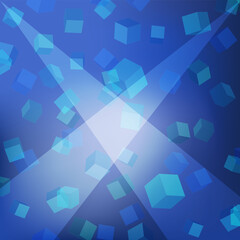 立方体キューブが多数浮かぶブルーの背景、スポットライトが中心に当たっている,1対1比率サイズ