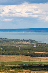 Monoszlo country side aerial view. Hungarian summer rural landscape. Beautiful view of Balaton Lake.