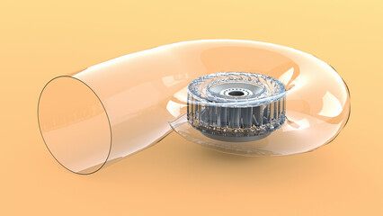 Spiral hydro turbine with a stylized glass chamber. Part of the hydroelectric power plant. 3d render © Filipp