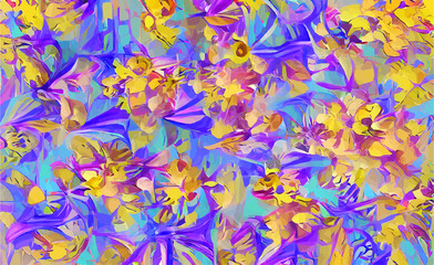 Fototapeta na wymiar Bright abstract pattern of spring blooming flowers. Hand-drawn illustration in bright colors. roses, tulips, cornflowers in a sunny meadow. poster design, postcard for the holiday.