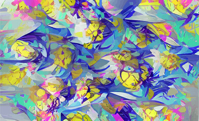 Fototapeta na wymiar Bright abstract pattern of spring blooming flowers. Hand-drawn illustration in bright colors. roses, tulips, cornflowers in a sunny meadow. poster design, postcard for the holiday.