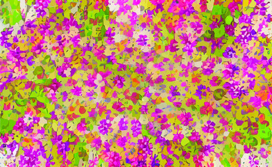 Bright abstract pattern of spring blooming flowers. Hand-drawn illustration in bright colors. roses, tulips, cornflowers in a sunny meadow. poster design, postcard for the holiday.