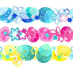 Curbs. Easter egg patterns. Seamless wreath of Easter multicolored eggs and bows. Bright cartoon picture. For the church celebration of the consecration of eggs and talking. Printing on fabric and pap