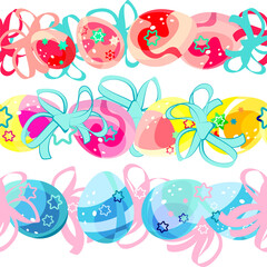 Curbs. Easter egg patterns. Seamless wreath of Easter multicolored eggs and bows. Bright cartoon picture. For the church celebration of the consecration of eggs and talking. Printing on fabric and pap