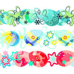 Curbs. Easter egg patterns. Seamless wreath of Easter multicolored eggs and bows. Bright cartoon picture. For the church celebration of the consecration of eggs and talking. Printing on fabric and pap