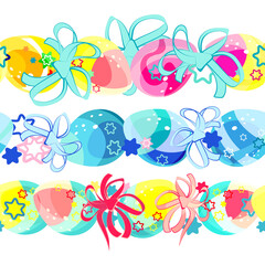 Curbs. Easter egg patterns. Seamless wreath of Easter multicolored eggs and bows. Bright cartoon picture. For the church celebration of the consecration of eggs and talking. Printing on fabric and pap