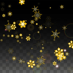 Christmas  Vector Background with Gold Falling Snowflakes Isolated on Transparent Background. Realistic Snow Sparkle Pattern. Snowfall Overlay Print. Winter Sky. Design for Party Invitation.