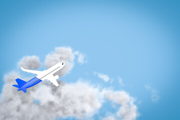 white airplane with the clouds on blue background, top view. 3D Render