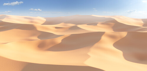 Fototapeta na wymiar 3D rendering Panorama of dunes in a sandy desert, sand dunes under a blue sky.