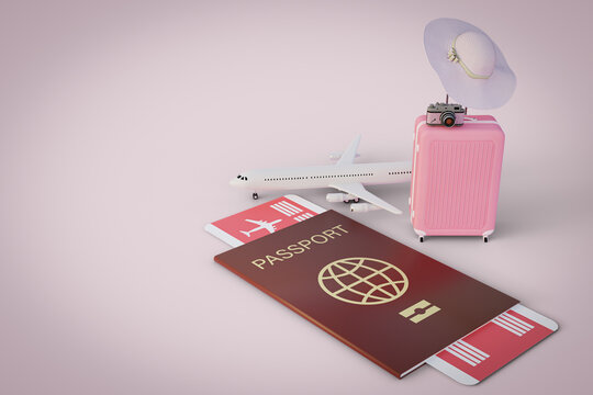 3D Render. Travel or tourism concept. Passport, airplane, airtickets and suitcase