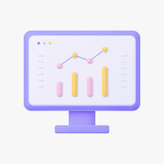 Computer screen with infographic chart 3d vector icon. Isolated on white. 