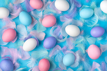 Colored Easter eggs and feathers on a blue background.