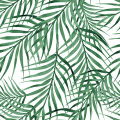 Coconut palm leaves seamless pattern, watercolor texture, tropical background