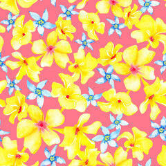 Yellow plumeria and jasmine flowers seamless floral pattern on pink background 