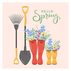 Hello spring text. Cute wellies boots with spring flowers and gardening Tools. Vector illustration.