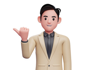 3d Businessman pointing with thumb aside looking at the camera, 3D render businessman character illustration