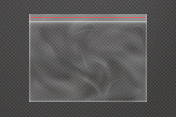 Transparent plastic nylon zip bag package mockup. Clear realistic ziplock pack vector illustration. Empty white waterproof polythene template. Rectangle storage container mock up for paper protection. © Kusandra