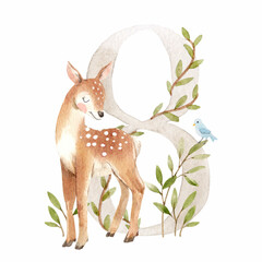 Beautiful stock illustration with watercolor hand drawn number 8 and cute fawn animal for baby clip art. Eight month, years.