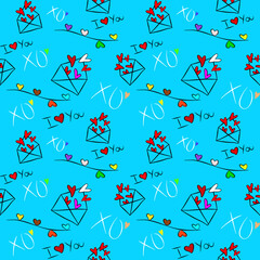 Vector seamless love symbol half-drop pattern, with stylish hearts and xoxo (hugs and kisses) phrase