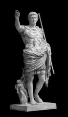 Roman emperor Caesar Augustus from Prima Porto statue isolated over black background with clipping...