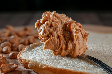 Peanut butter in a spoon on a slice of bread, with peanuts in the background, on a wooden chopping board