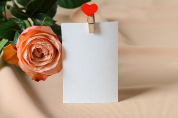 One delicate pink rose with a white card on a clothespin with a heart on a beige background. Mockup.