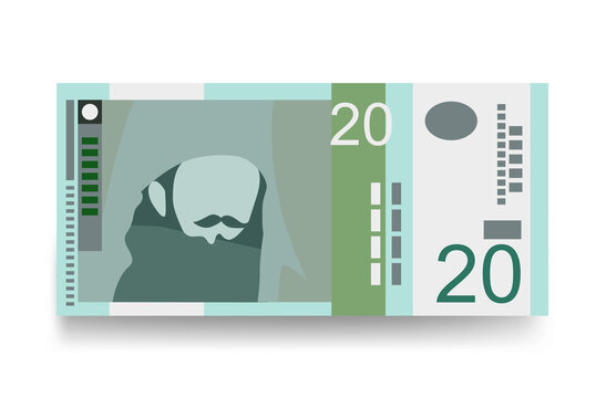 Serbian Dinar Vector Illustration. Serbia, Kosovo money set bundle banknotes. Paper money 20 RSD. Flat style. Isolated on white background. Minimal design.