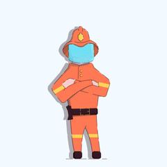 Illustration of a cartoon fireman with arms crossed on his chest. On his head is a helmet with protective glass. He casts a shadow. Isolated white background. Vector illustration.