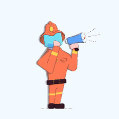 Illustration of a cartoon firefighter speaking into a loudspeaker. On his head is a helmet with protective glass. He casts a shadow. Isolated white background. Vector illustration.