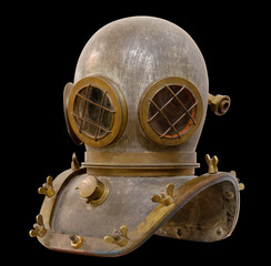 Old antique metal scuba helmet isolated on black background with clipping path