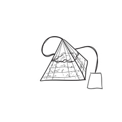 Hand-drawn vector illustration of triangular tea bag. With black circuit without fill on white background