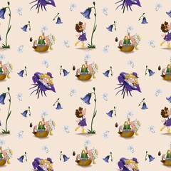 Fototapeta premium Cute seamless pattern with fairies and flower on beige background. Little girl with Camomiles, rocky Mountain Columbine, Campanula Colourful Easter. Spring and blossom. Illustration in cartoon style