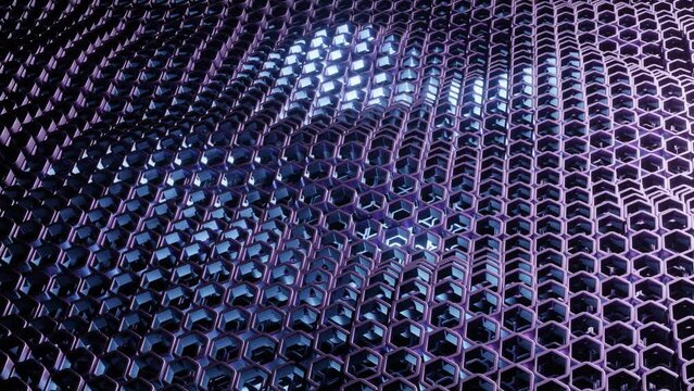 3D animation of violet honeycomb shaped metallic rings in an undulating pattern with blue highlights.  