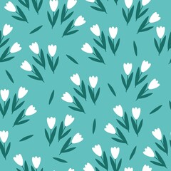 Seamless vintage pattern. White tulips flowers . Light blue background. vector texture. fashionable print for textiles, wallpaper and packaging.