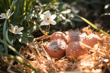 Easter eggs in the Easter basket outside between spring bloomers in the sunlight. Straw nest with white Anemonoides nemorosa flowers and feathers. 