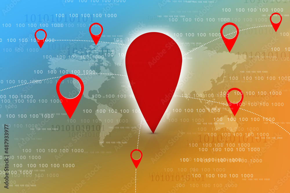 Poster 3d rendering red map pointer with world map