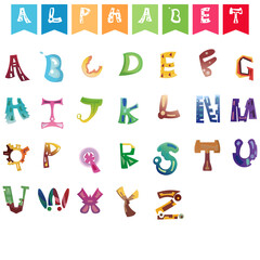 Cartoon alphabet. Alphabet font symbols and numbers colorful funny creative characters isolated premium vector