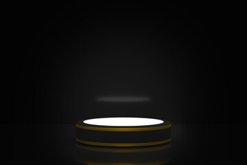 Pedestal cylindrical with golden inserts on a mirror surface on a dark background 3d rendering