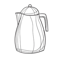 Hand-drawn vector illustration of coffee pot. With black circuit without fill on white background