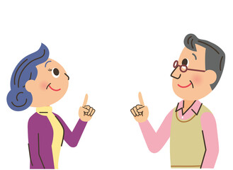 老父夫婦　見つめ合う　コピースペース 指差し