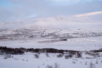 Schneebedeckte Landschaft am See Þórisstaðavatn im TalSvínadalur nahe Borgarnes. / Snow-covered landscape at Lake Þórisstaðavatn in the Svínadalur valley near Borgarnes.