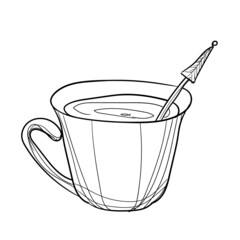 Hand-drawn vector illustration of cup with spoon. With black circuit without fill on white background