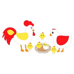 Cartoon hen with rooster and chicks