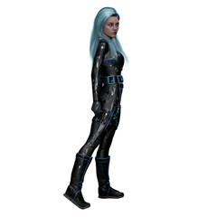 Fierce Scifi Woman with Turquoise Eyes, 3D Illustration, 3D rendering