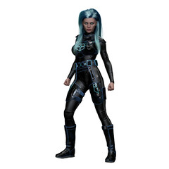Fierce Scifi Woman with Turquoise Eyes, 3D Illustration, 3D rendering