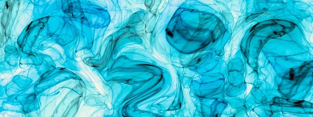 Fluid abstract illustration wallpaper, soft teal, blue colour mix with white accent, for printed materials, watercolour painting, hand drawn art, background made with alcohol ink technique