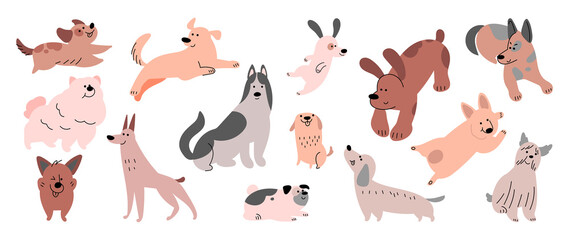 Set of cute dogs vector. Lovely dog and friendly puppy doodle pattern in different poses and breeds with flat color. Adorable funny pet and many characters hand drawn collection on white background. - obrazy, fototapety, plakaty