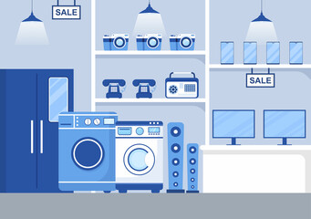 Electronics Store that Sells Computers, TV, Cellphones and Buying Home Appliance Product in Flat Background Illustration for Poster or Banner