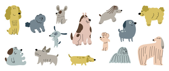Set of cute dogs vector. Lovely dog and friendly puppy doodle pattern in different poses and breeds with flat color. Adorable funny pet and many characters hand drawn collection on white background.